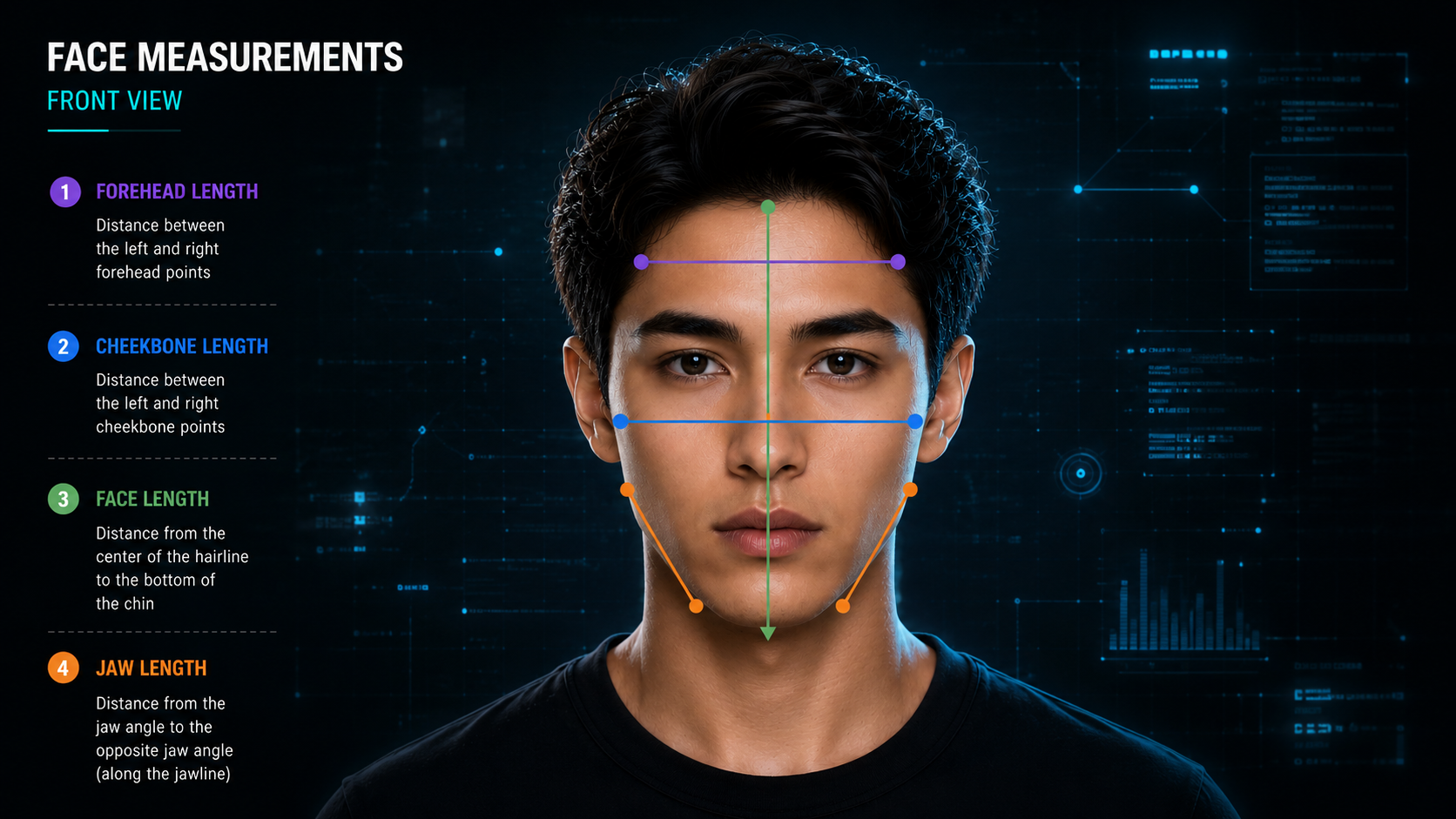 Face measurement guide showing forehead, cheekbone, face length and jaw measurements on a front-facing portrait.